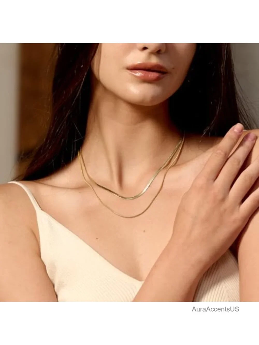 Layered Herringbone Necklace 14k Gold Plated Brass Paperclip Chain 16.5in